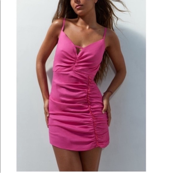 Zara Dresses & Skirts - Zara Draped Beaded Linen Blend Pink Mini Dress size XS